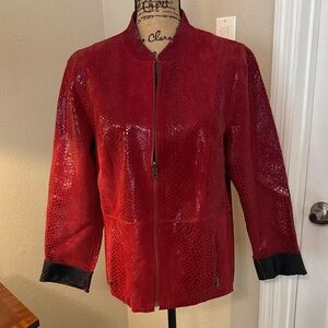 Chico's Textured Red Jacket with Black Trim